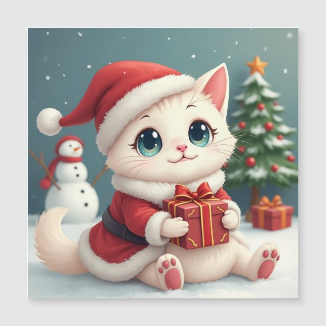 Cartão Magnético de Gato de Natal Branco (Frente)