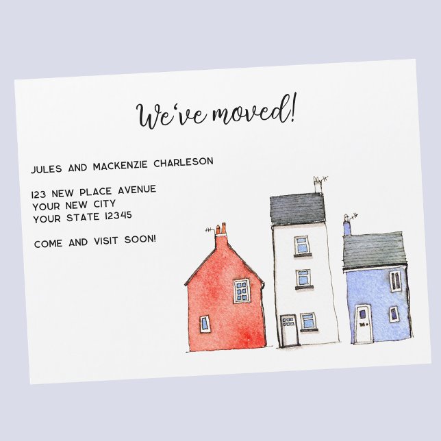 Cartão Magnético de Mudança de Endereço da Casa em (New home moving announcement magnetic card with watercolour houses and cottages and custom text)