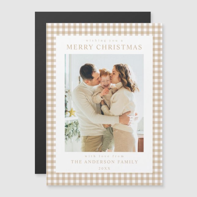 Cartão Magnético de Natal Beige Gingham com Foto (Frente/Verso)