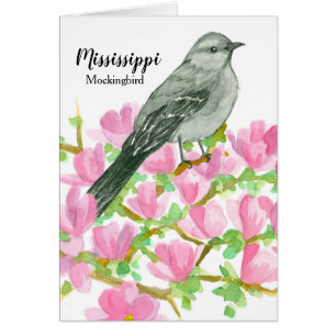 Cartão Magnolia Flowers Mockingbird Watercolor