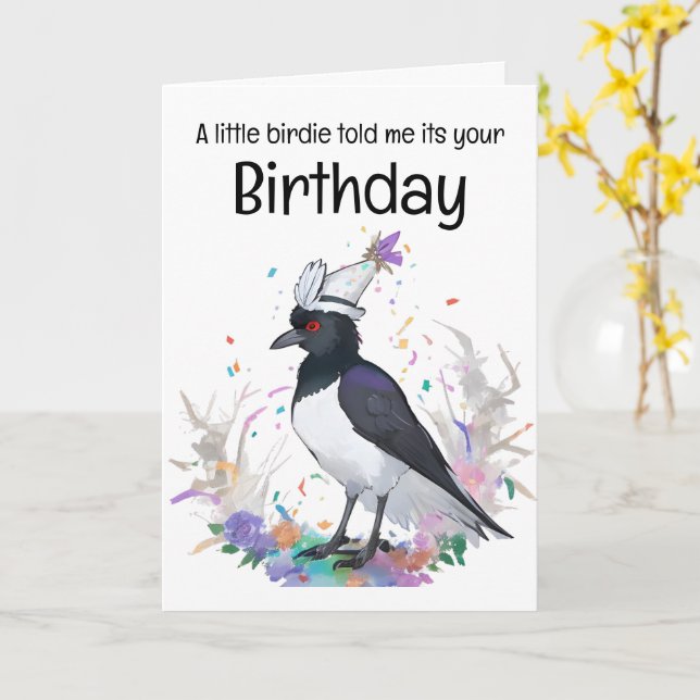 Cartão Magpie vestindo chapéu de aniversário que confete  (Flor Amarela)