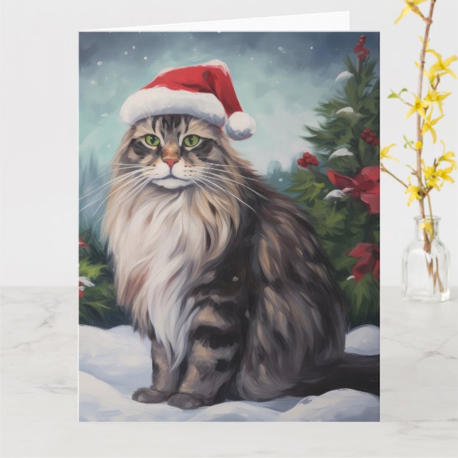 Cartão Maine Coon Cat no Natal da Neve (Flor Amarela)