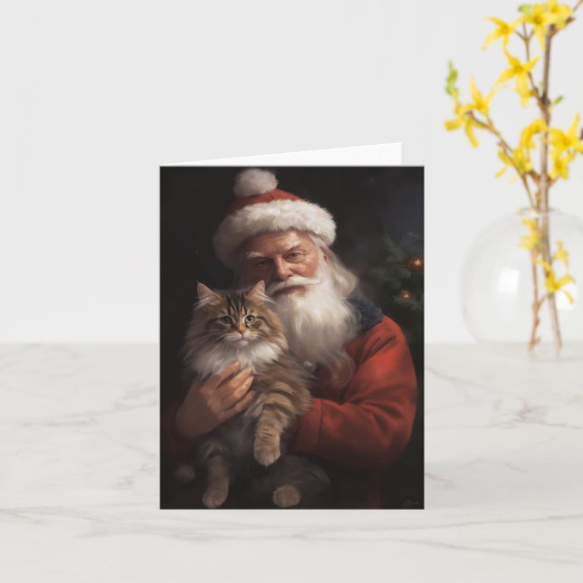 Cartão Maine Coon com Papai Noel Natal Festivo (Flor Amarela)