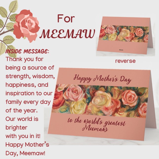 Cartão 'Maior Meemaw' Rosas Florais do Dia das Mães Perso (A beautiful floral roses Mother's Day card for your special southern Meemaw (grandmother)! )