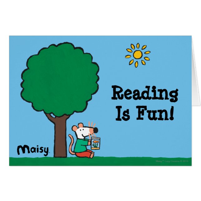 Cartão Maisy lê seu livro da biblioteca fora (Frente Horizontal)