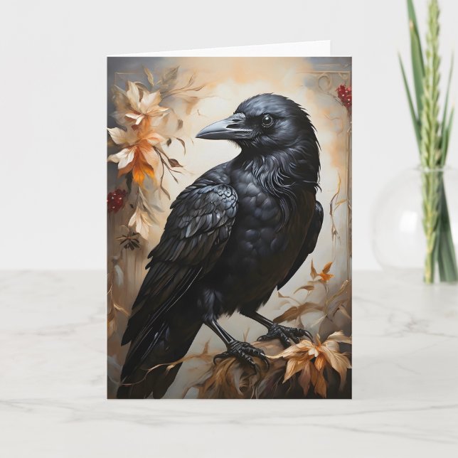 Cartão Majestoso Retrato de Corvo Preto Flores Lua em Bra (Frente)
