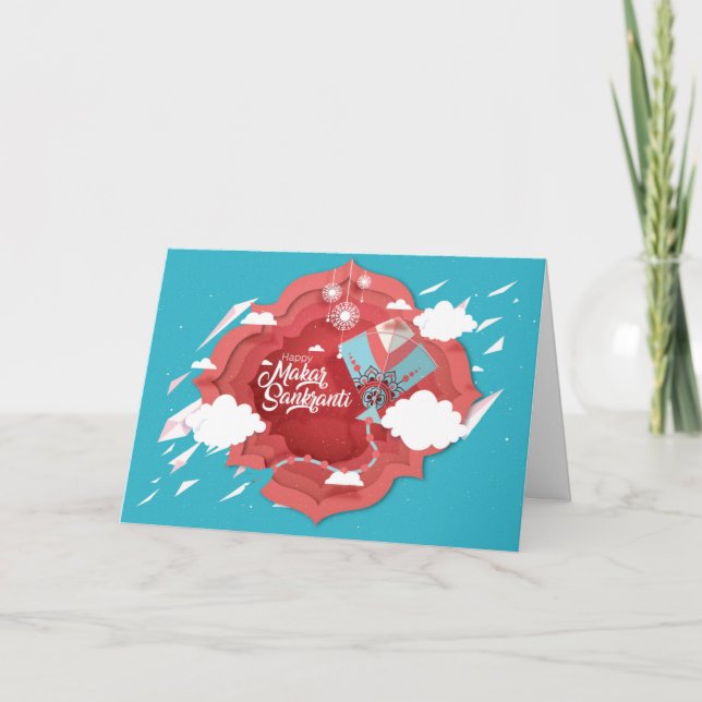 Cartão Makar Sankranti - pipa azul e vermelha (Frente)