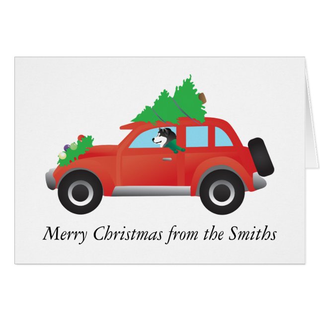 Cartão Malamute dirigindo uma árvore de Natal de carro no (Frente Horizontal)