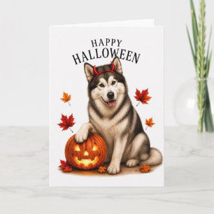 Cartão Malamute do Alasca no Halloween como Cão Diabo