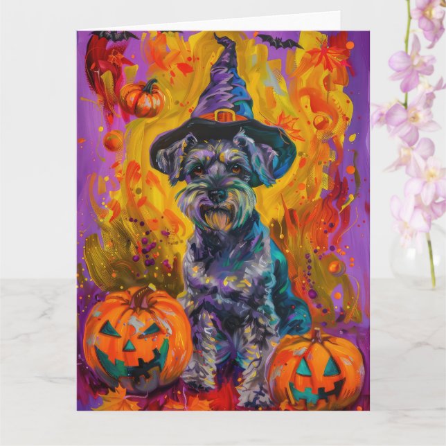 Cartão Malandro Schnauzer Feiticeira De Halloween E Abóbo (Orquídea)
