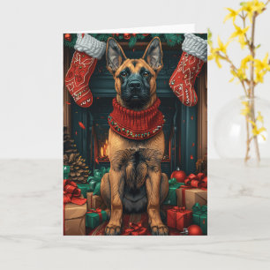 Cartão Malinois Belga com Lareira de presentes de Natal