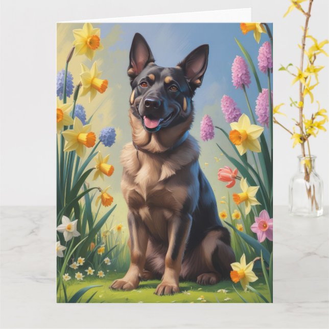 Cartão Malinois Belga Pintura Flores da Primavera (Flor Amarela)