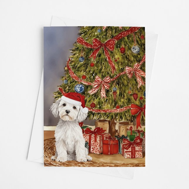 Cartão Maltês Puppy Watercolor Sob Árvore De Natal (Criador carregado)