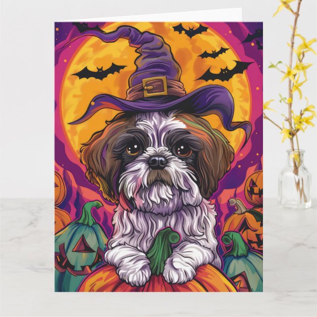 Cartão Malti Tzu Dog Halloween Bruxelles E Pumpkin (Flor Amarela)
