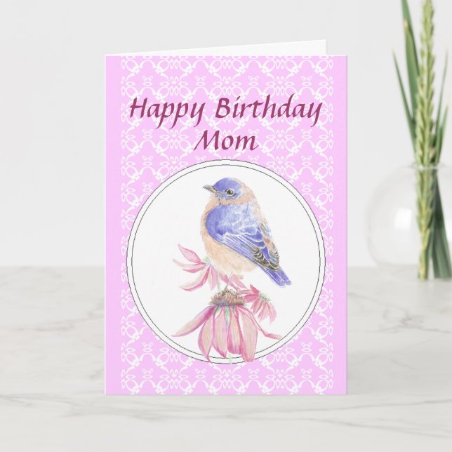 Cartão Mamã do aniversário, laço, jardim do Bluebird (Frente)