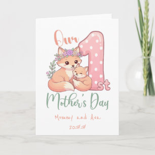 Cartão Mamãe e Bebê Raposa Rosa 1º Dia das Mães
