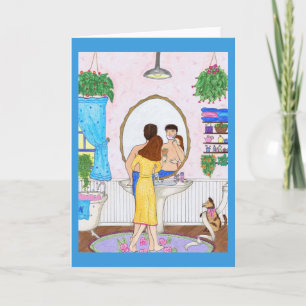 Cartão Man Shaving in Bathroom Wife, Dog Greeting Card