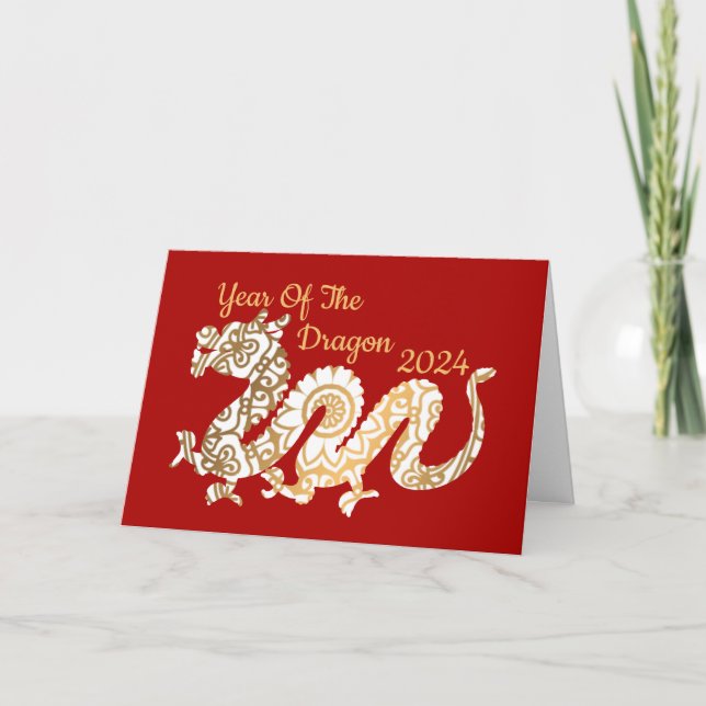 Cartão Mandala Dragon 2024 Vermelho de Ano Novo chinês (Frente)