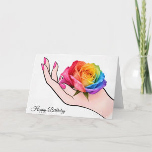 Cartão Mão de Aniversário Embala uma Rosa Arco-Íris