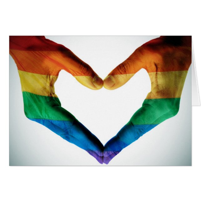 Cartão Mãos pintadas como um coração do arco-íris (Frente Horizontal)