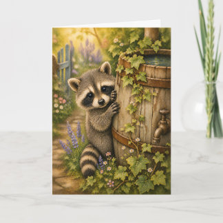 Cartão Mãozinha de Mapache Barril de Chuva Aquarela Branc