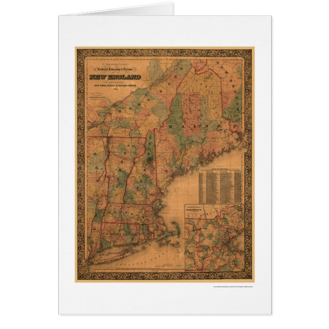 Cartão Mapa 1861 da estrada de ferro de Nova Inglaterra (Frente)