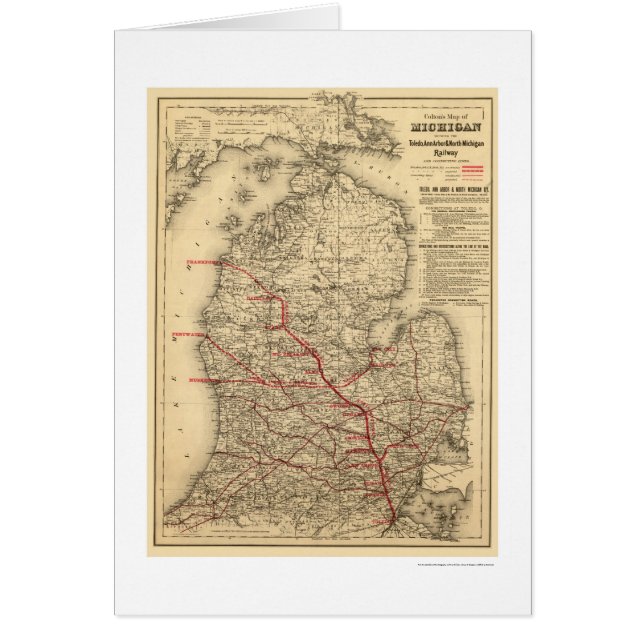 Cartão Mapa 1886 do trem de estrada de ferro de Michigan (Frente)