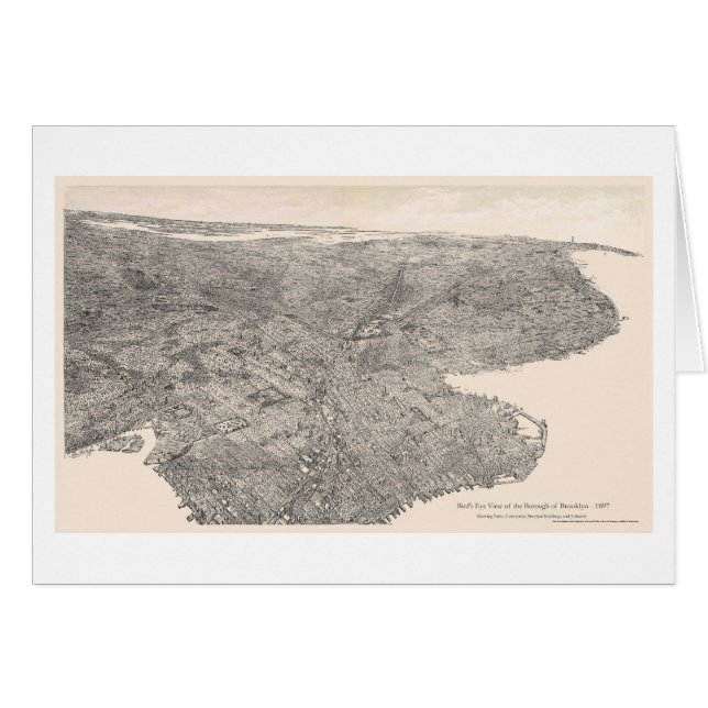 Cartão Mapa 1897 de Brooklyn, New York Birdseye (Frente Horizontal)