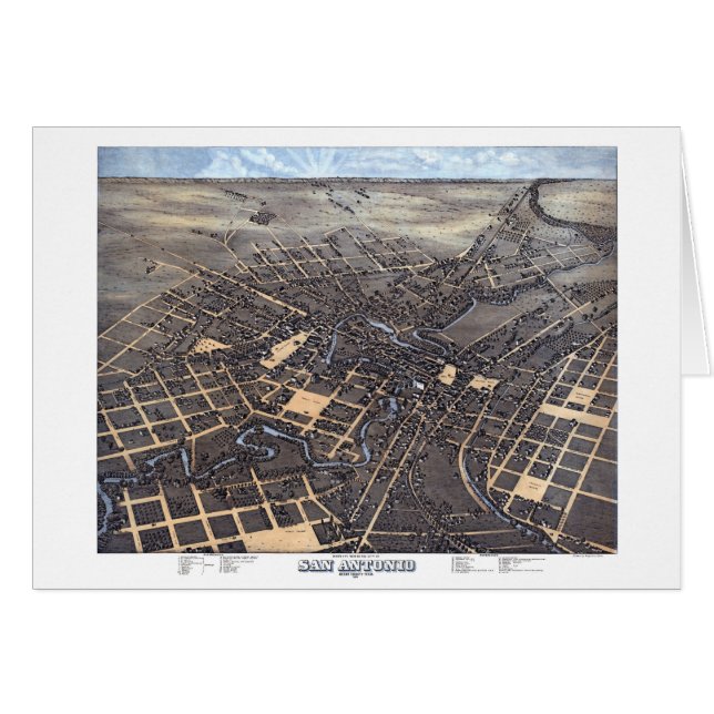 Cartão Mapa Antigo da Cidade de San Antonio, Texas, Vista (Frente Horizontal)