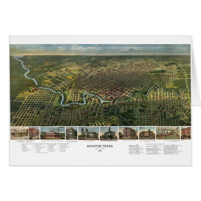 Cartão Mapa Antigo de Houston, Texas com o Rio Buffalo (Frente Horizontal)