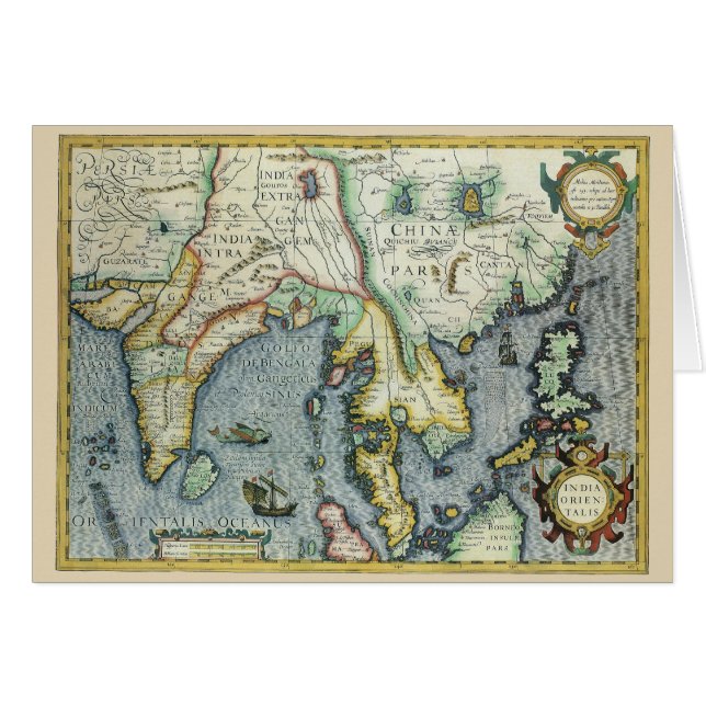 Cartão Mapa antigo do Sudeste Asiático por Mercator / Hon (Frente Horizontal)