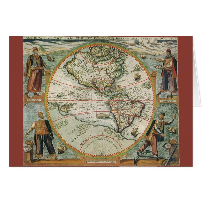Cartão Mapa antigo mundial das Américas, 1597 (Frente Horizontal)