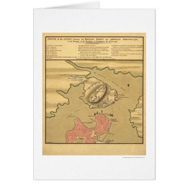 Cartão Mapa de batalha de Charlestown - 1775 (Frente)