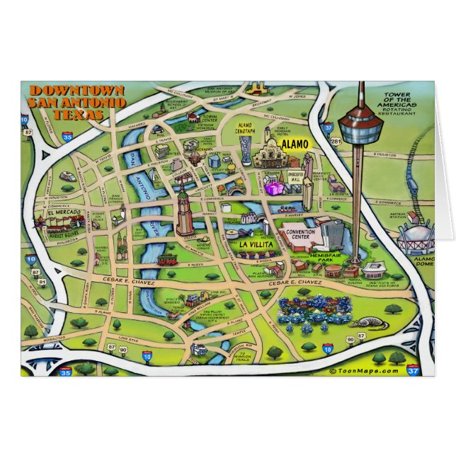 Cartão Mapa de Cartoons de San Antonio centro (Frente Horizontal)