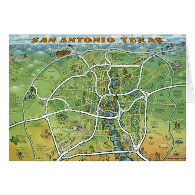 Cartão Mapa de Cartoons de San Antonio Texas (Frente Horizontal)