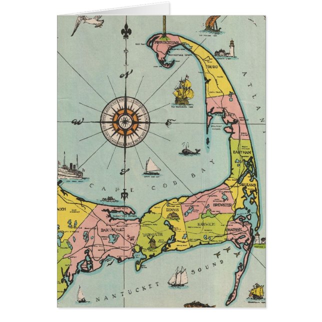 Cartão Mapa do vintage de Cape Cod (Frente)