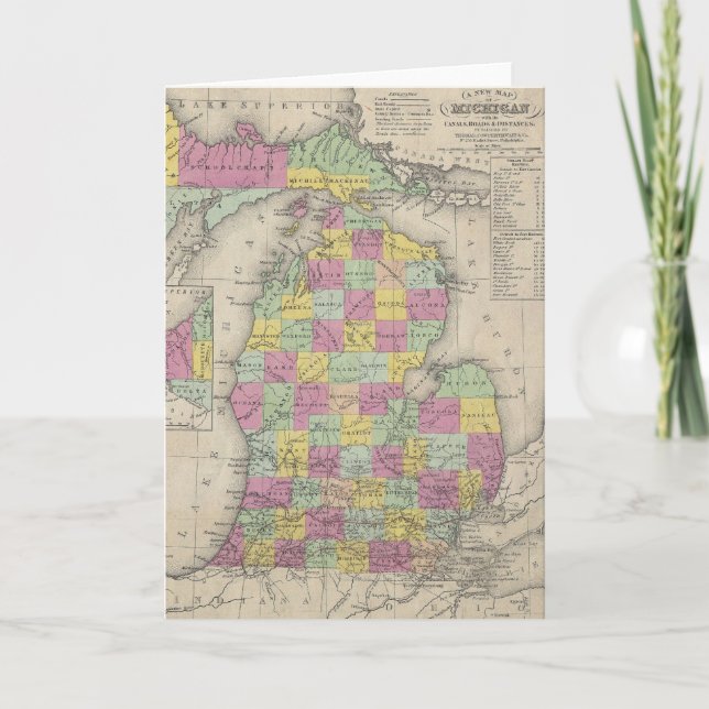 Cartão Mapa do vintage de Michigan (1853) (Frente)