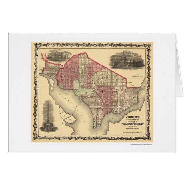 Cartão Mapa do Washington DC e do Georgetown 1862 (Frente Horizontal)