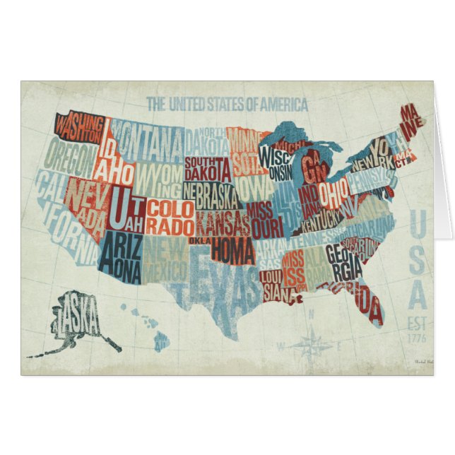 Cartão Mapa dos EUA com estados nas palavras (Frente Horizontal)