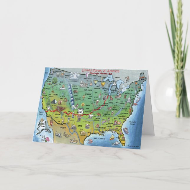Cartão Mapa histórico dos desenhos animados da rota 66 (Frente)
