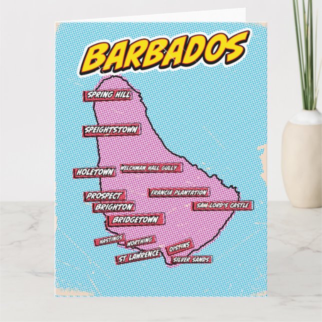 Cartão Mapa ilustrado de Barbados em Pop Art (Frente)