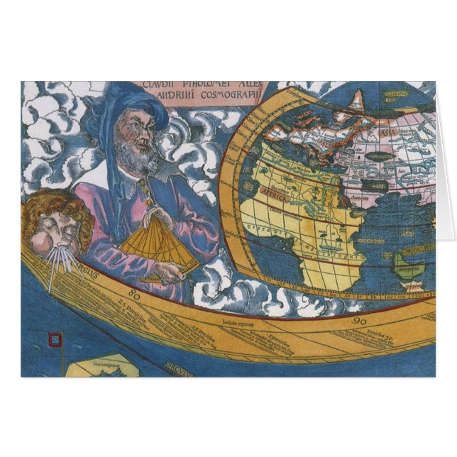 Cartão Mapa Mundial Antigo com Claudius Ptolemy, 1507 (Frente Horizontal)
