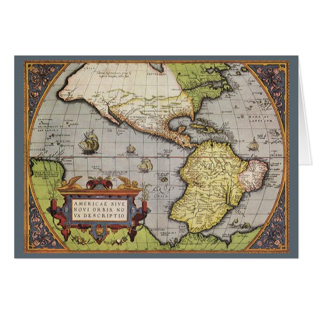 Cartão Mapa Mundial Antiquado das Américas, 1570 (Frente Horizontal)