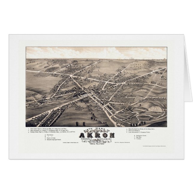 Cartão Mapa panorâmico de Akron, OH - 1882 (Frente Horizontal)
