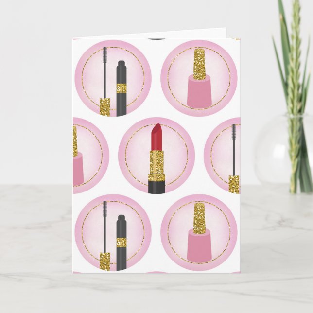 Cartão Maquiagem Cor-de-Rosa Cosméticos Padrão Cosmetolog (Frente)