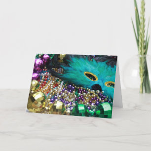 Cartão Mardi Gras Beads & Green Feather Mask Card