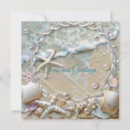 Cartão Mares e Saudações Estrelas do Mar Conchas Pérolas