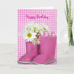 Cartão margaridas de aniversário em botas cor-de-rosa