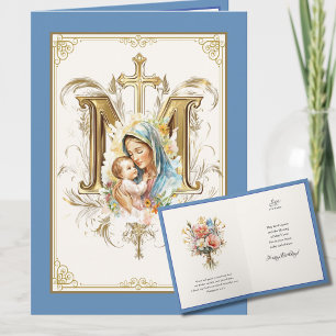 Cartão Maria Jesus Floral Escritura Azul Dourado
