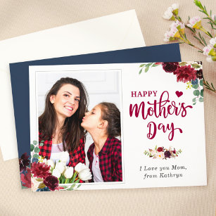 Cartão Marinho Azul Borgonha Floral Feliz Dia de as mães 